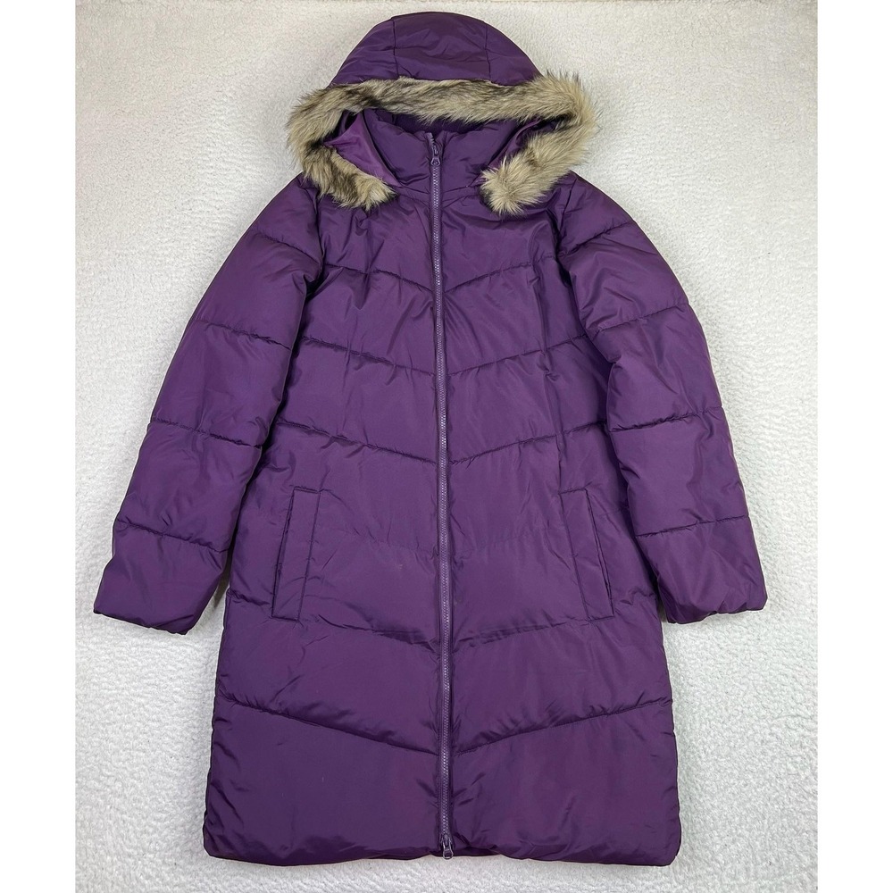 Gap Puffer Coat Womens Medium Purple Ready For This Long Hooded Faux Fur Winter